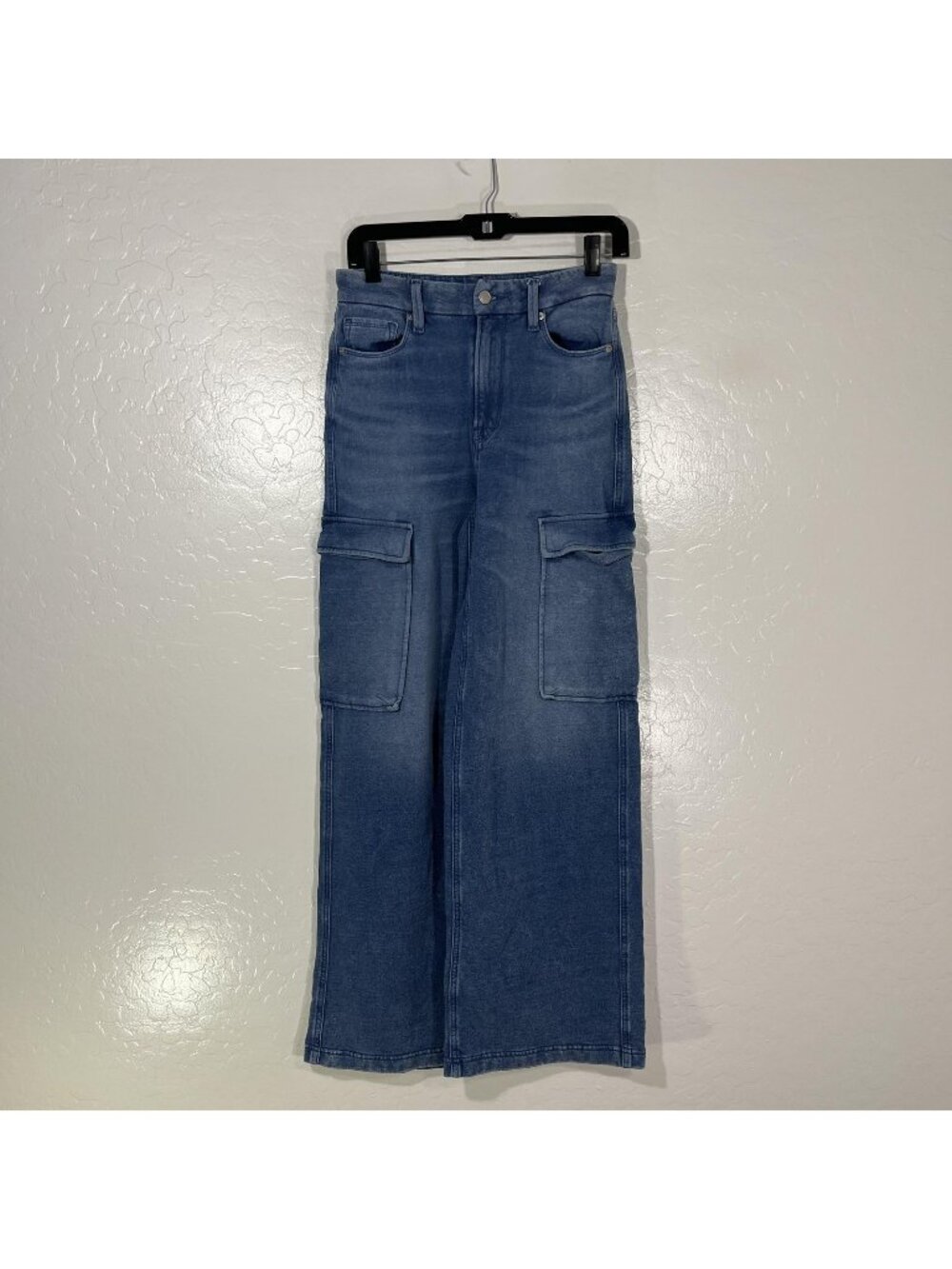 Good American Cargo Jeans Womens 4/27 Blue Wash High Rise Wide Leg 27x29.5 Denim